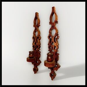 Vintage Wooden Wall Candle Holders | Ornate Scroll Cut Sconces | Set of 2